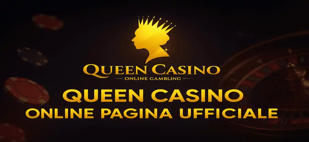Banner ufficiale di Queen Casino con logo dorato, skyline notturno e testo