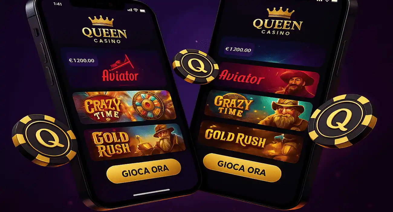 iOS e Android con app Queen Casino aperta, slot popolari e bottone GIOCA ORA