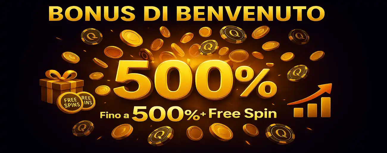 Promo bonus di benvenuto Queen Casino con esplosione di monete d’oro, percentuale 500% luminosa e testo Fino a 500% + Free Spin